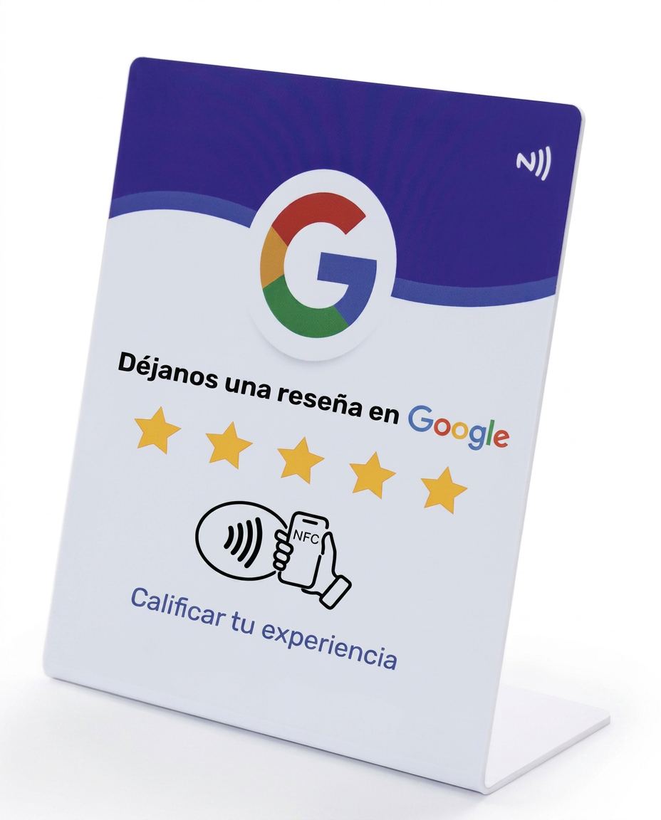 Tarjeta NFC de EstructuraIA para dejar reseñas en Google, con el logo de Google y cinco estrellas