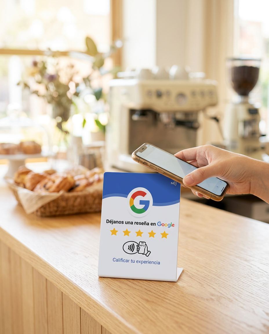 Cliente acercando su móvil a una tarjeta NFC de EstructuraIA para dejar una reseña en Google sobre el mostrador de una cafetería