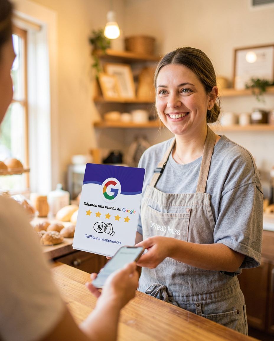 Dependienta de un negocio local enseñando la tarjeta NFC de reseñas de EstructuraIA a un cliente